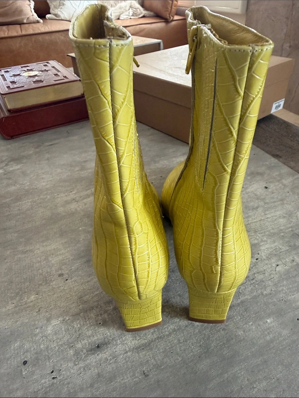 Charlotte Stone Rita Yellow Croc-Embossed Pointed Toe Ankle Booties
